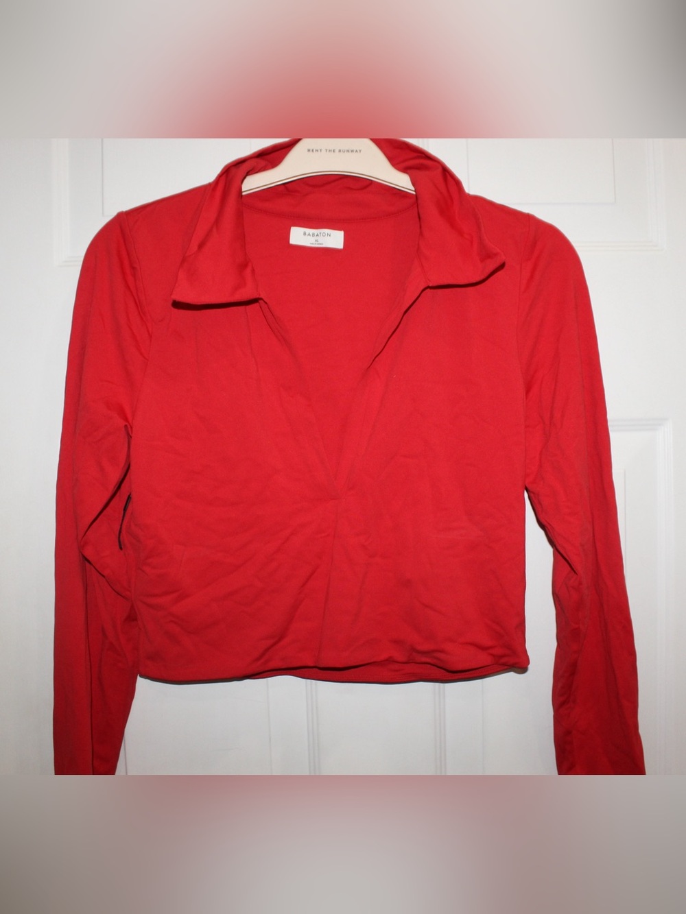 Babaton Red Long-Sleeve Collared V-Neck Top